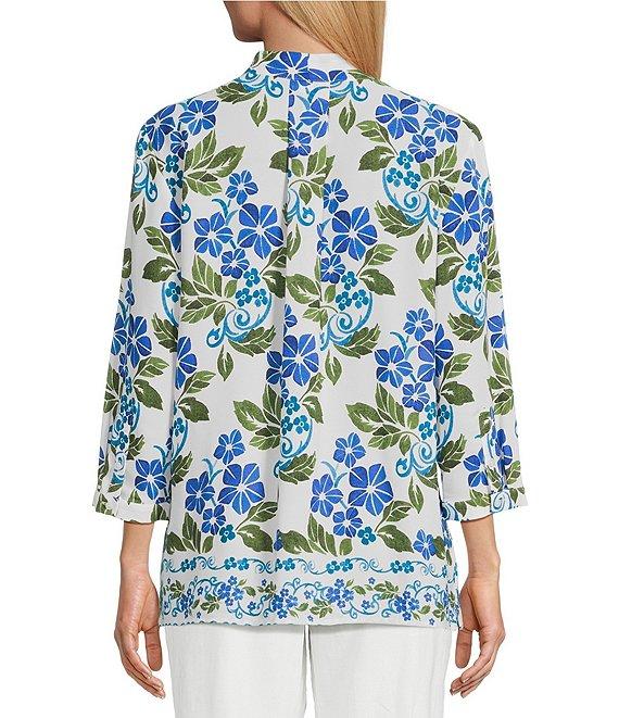 Investments Petite Size Caroline Signature Stamped Hibiscus V-Neck 3/4 Sleeve Button Front Blouse Product Image