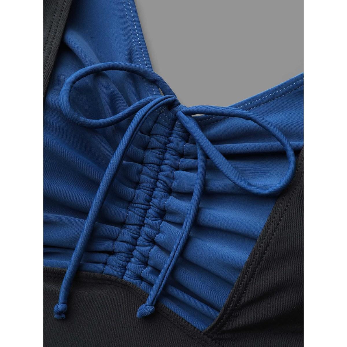 Plus Size Halter Neck Drawstring Gathered One-Piece Swimsuit Women's Swimwear Black Beach Gathered Curve Bathing Suits High stretch One Pieces BloomChic 26/4X Product Image