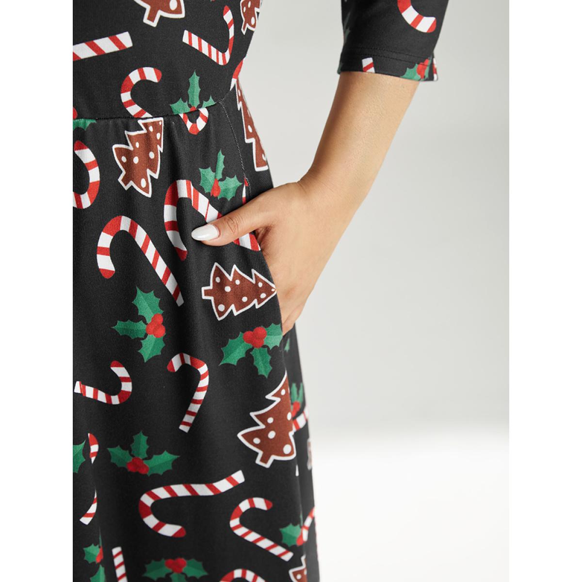Plus Size Christmas Print Pocket Elastic Waist Dress Black Women Playful Printed Round Neck Long Sleeve Curvy Midi Dress BloomChic 12/L Product Image