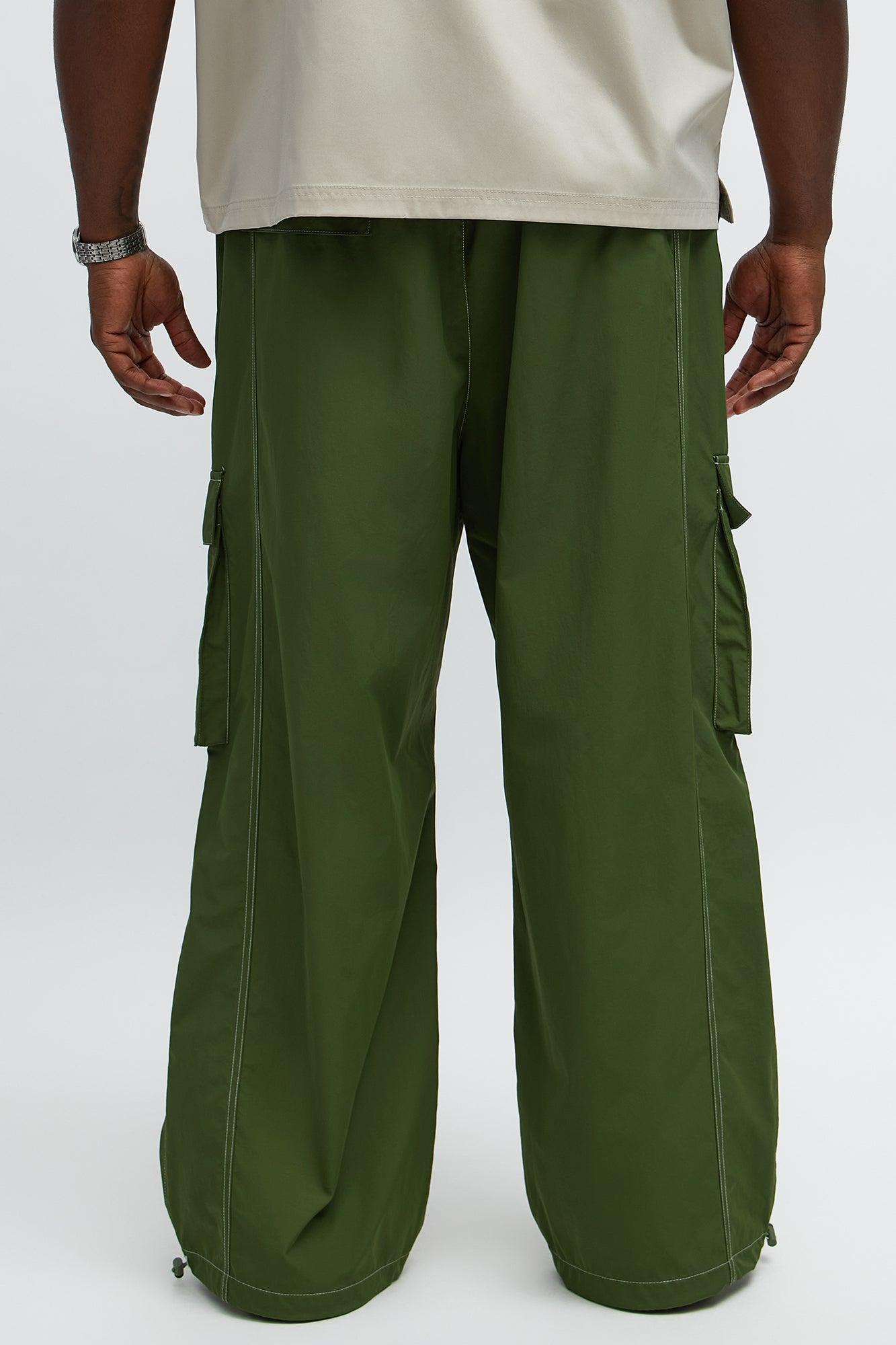 Baggy Stay Moving Contrast Stitch Nylon Cargo Pants - Olive Product Image