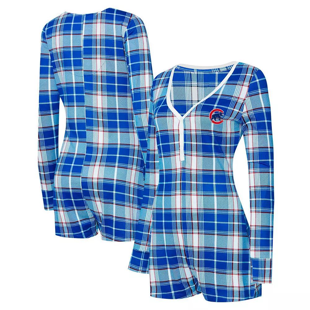 Women's Concepts Sport Royal Chicago Cubs Ashford Plaid V-Neck Knit Romper, Size: XL, Blue Product Image