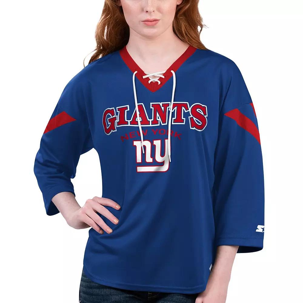 Women's Starter Royal New York Giants Rally Lace-Up 3/4 Sleeve T-Shirt,  Product Image