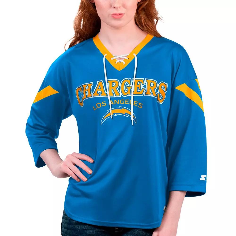 Women's Starter Powder Blue Los Angeles Chargers Rally Lace-Up 3/4 Sleeve T-Shirt,  Product Image