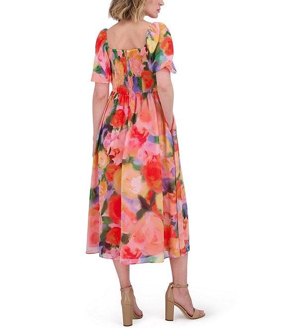 Vince Camuto Chiffon Floral Print V-Neck Short Sleeve A-Line Midi Dress Product Image