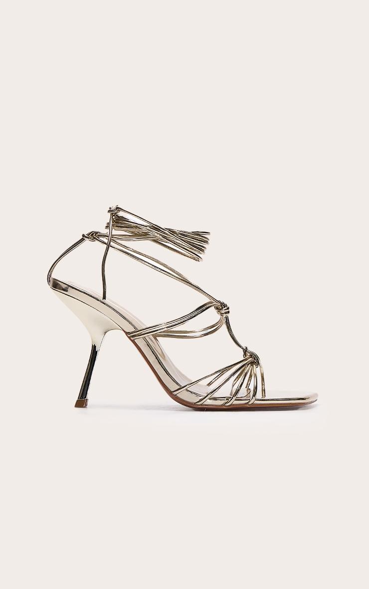 Gold Wide Fit Pu Square Toe Knotted Strappy Lace Up Heeled Sandals Product Image