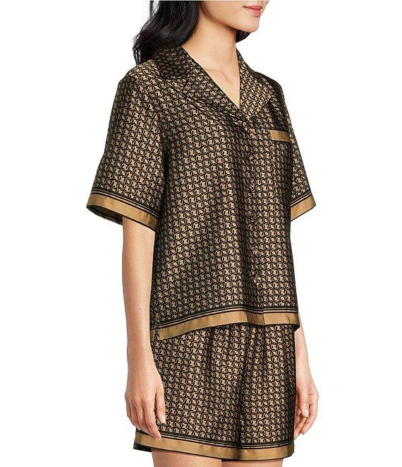 Le' AL.X Logo Print Satin Notch Lapel Short Sleeve Cropped Coordinating Camp Shirt Product Image