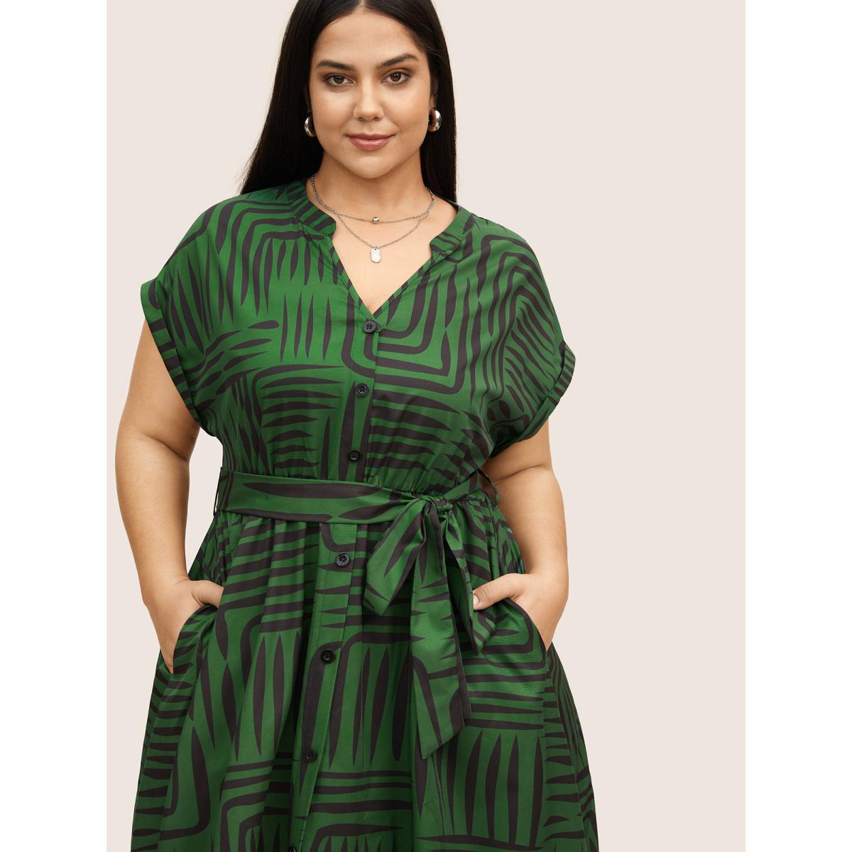 Plus Size Geometric Button Detail Cuffed Sleeve Dress DarkGreen Women At the Office Belted V-neck Short sleeve Curvy BloomChic 12/L Product Image