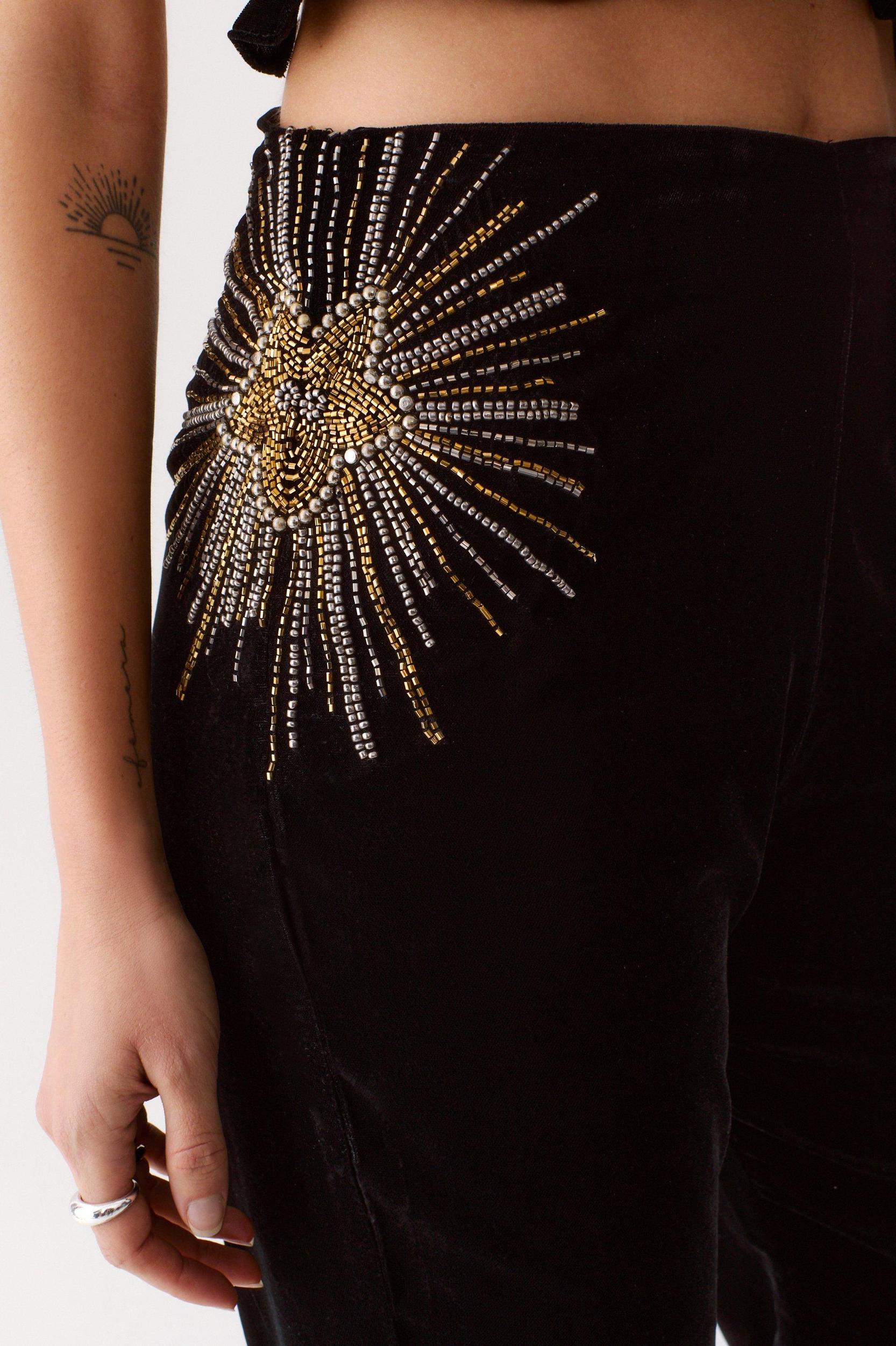 Star Embellished Velvet Flared Pants Product Image