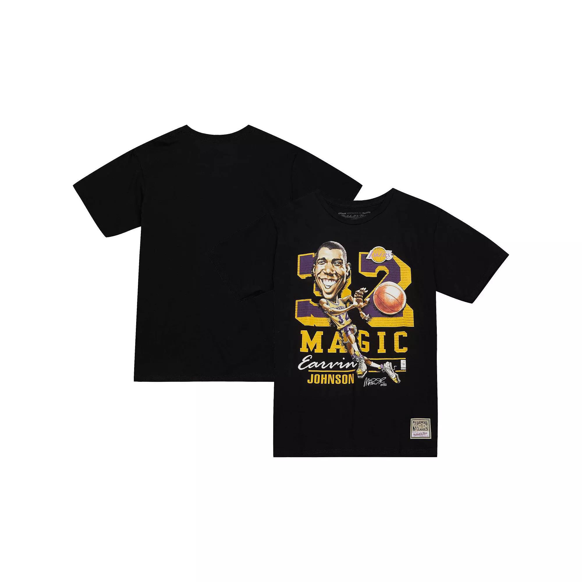 Men's Mitchell & Ness Magic Johnson Black Los Angeles Lakers Hardwood Classics Caricature T-Shirt,  Product Image