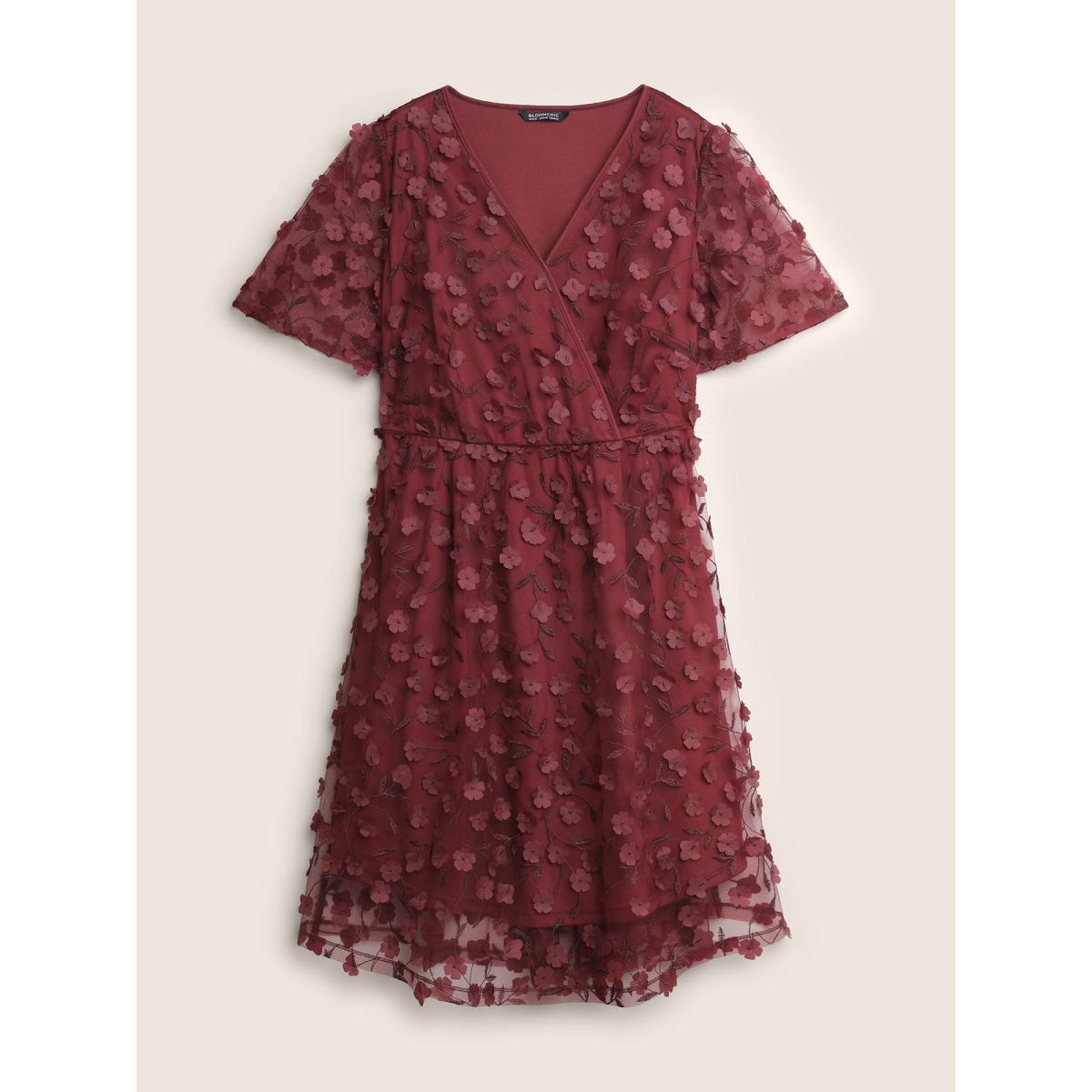 Plus Size Plisse Mesh Pocket Overlap Collar Dress Scarlet Women Cocktail Non Overlap Collar Short sleeve Curvy Midi Dress BloomChic 14-16/1X Product Image