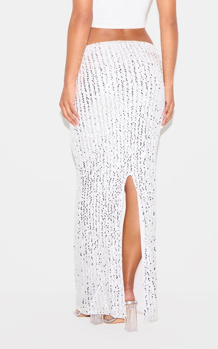 Silver Sequin Embellished Low Rise Drapey Maxi Skirt Product Image