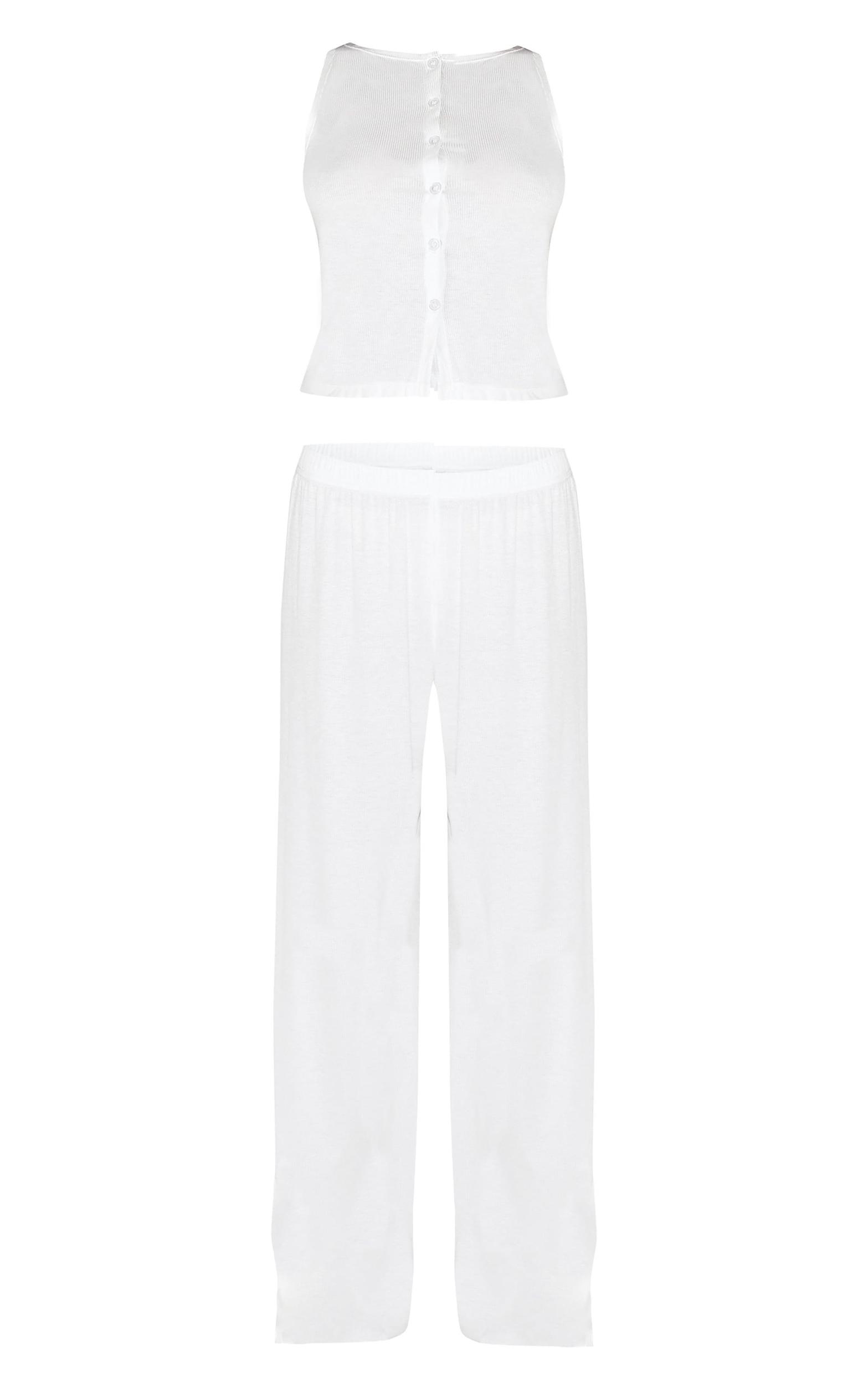 White Ribbed Button Vest Long Pj Set Product Image