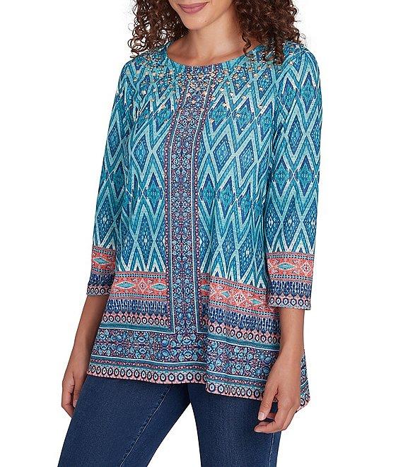 Ruby Rd. Knit Mix Pattern Embellished Scoop Neck 3/4 Sleeve Shark-Bite Hem Top Product Image