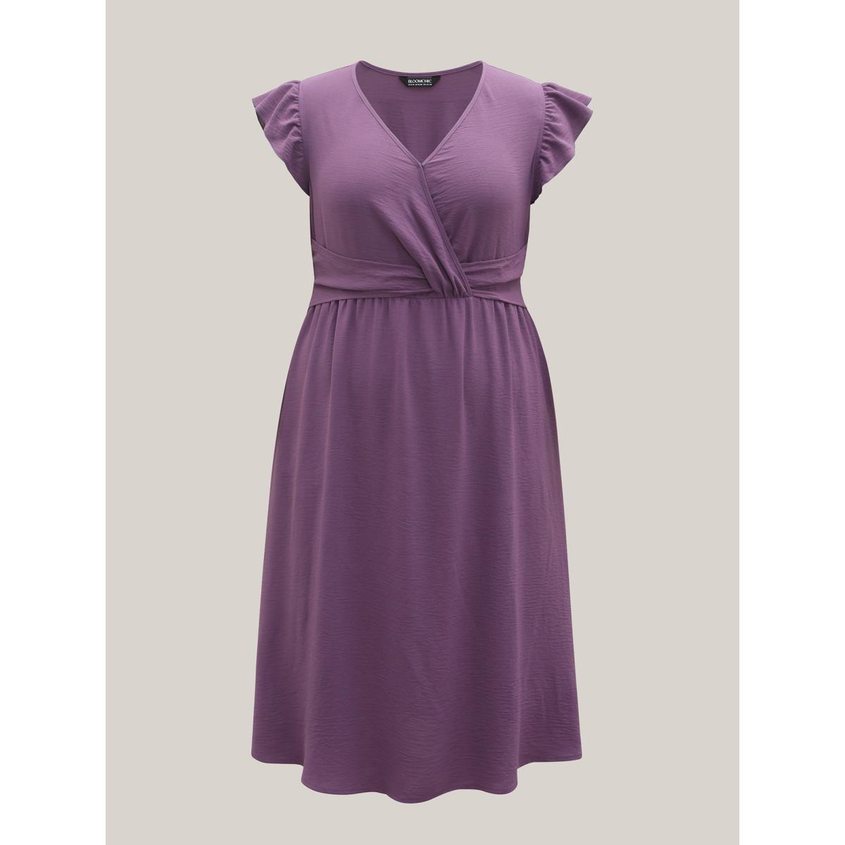 Plus Size Solid Surplice Neck Pockets Midi Dress Mauve Women At the Office Twist Overlap Collar Cap Sleeve Curvy BloomChic 14-16/1X Product Image