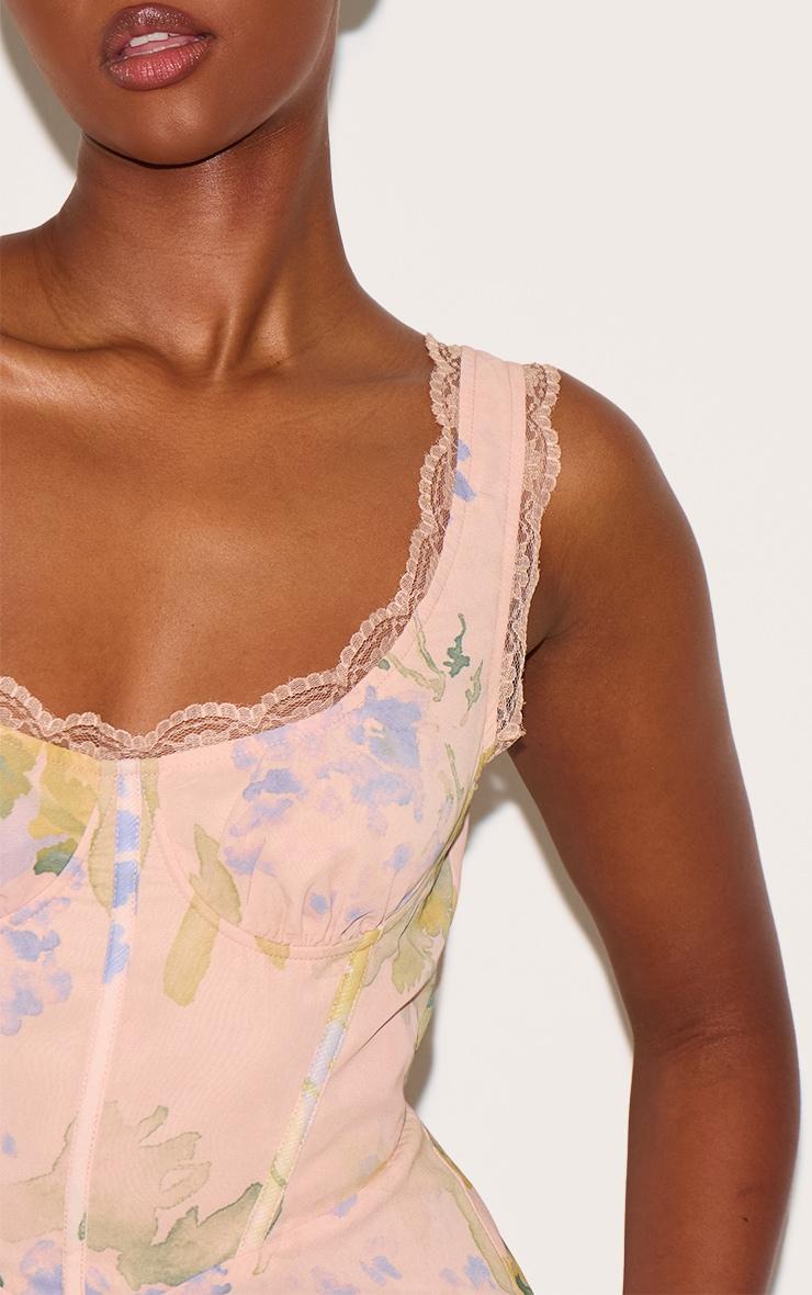 Pink Floral Printed Chiffon Corset Detail Romper Product Image