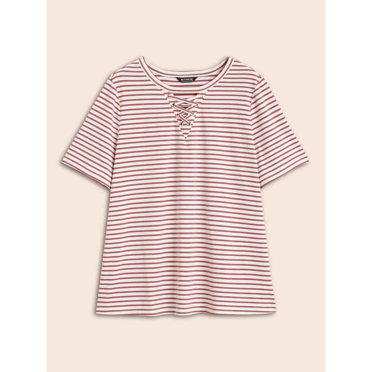 Plus Size Striped Round Neck Crisscross T-shirt DustyPink Women Casual Eyelet Round Neck Everyday T-shirts BloomChic 14-16/1X Product Image