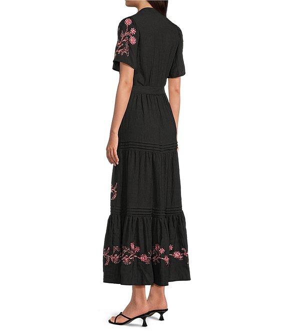 Calessa V-Neck Short Balloon Sleeve Comfort Tiered Floral Embroidered Maxi Dress Product Image