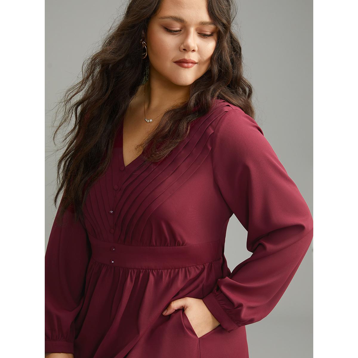 Plus Size Twill Pleated Beaded Long Sleeve Dress DarkBlue Women Elegant Plain V-neck Long Sleeve Curvy Midi Dress BloomChic 22-24/3X Product Image