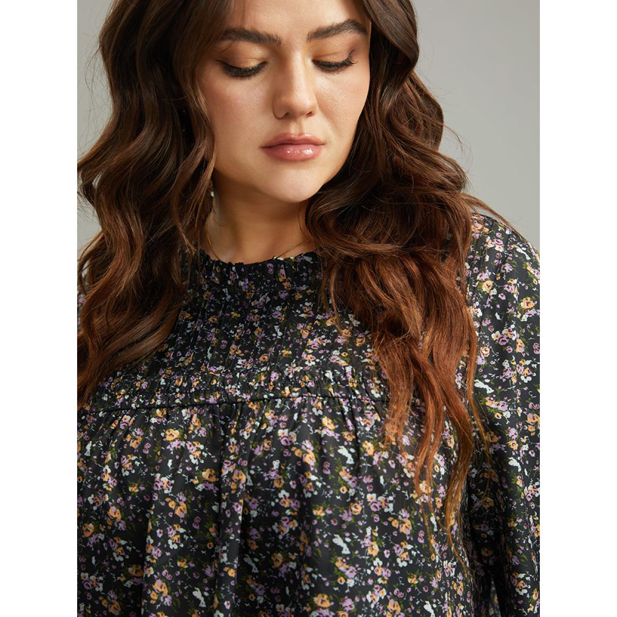 Plus Size Black Ditsy Floral Stand Collar Pleated Blouse Women Elegant Long Sleeve Stand-up collar Dailywear Blouses BloomChic 18-20/2X Product Image