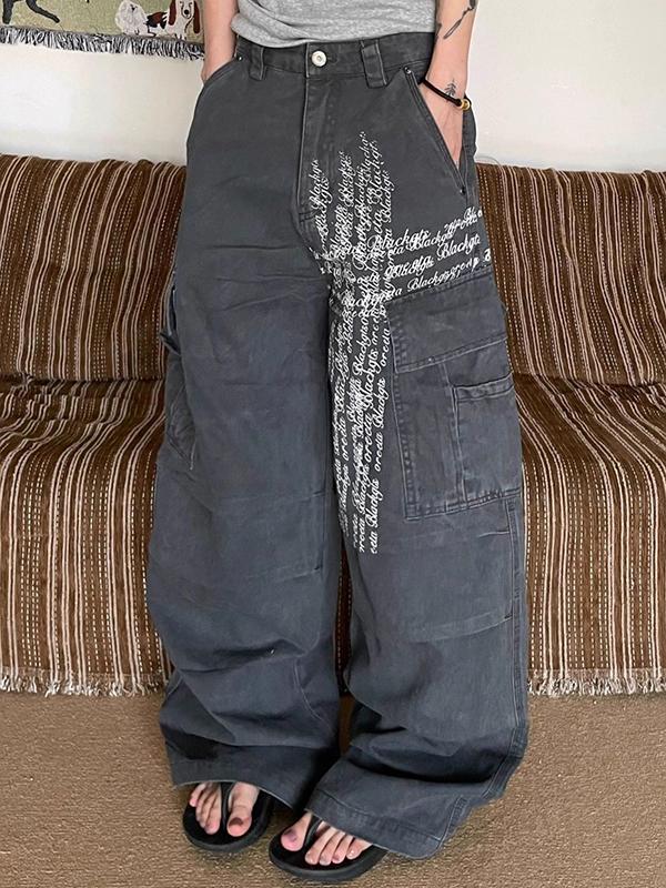 Multi-Pocket Letter Print Boyfriend Jeans Product Image