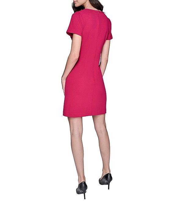 KARL LAGERFELD PARIS Scuba Crepe Crew Neck Puff Sleeves Bow Sheath Dress Product Image
