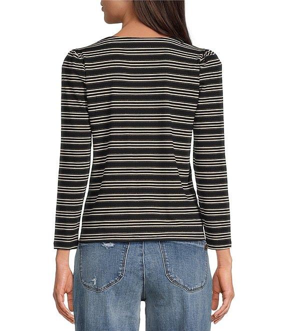 Democracy Knit Stripe Lace up Yoke Detail Scoop Neck 3/4 Sleeve Top Product Image