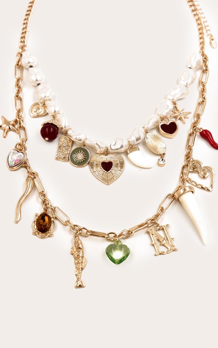 White Pearl Beaded Layered Charm Necklace Product Image