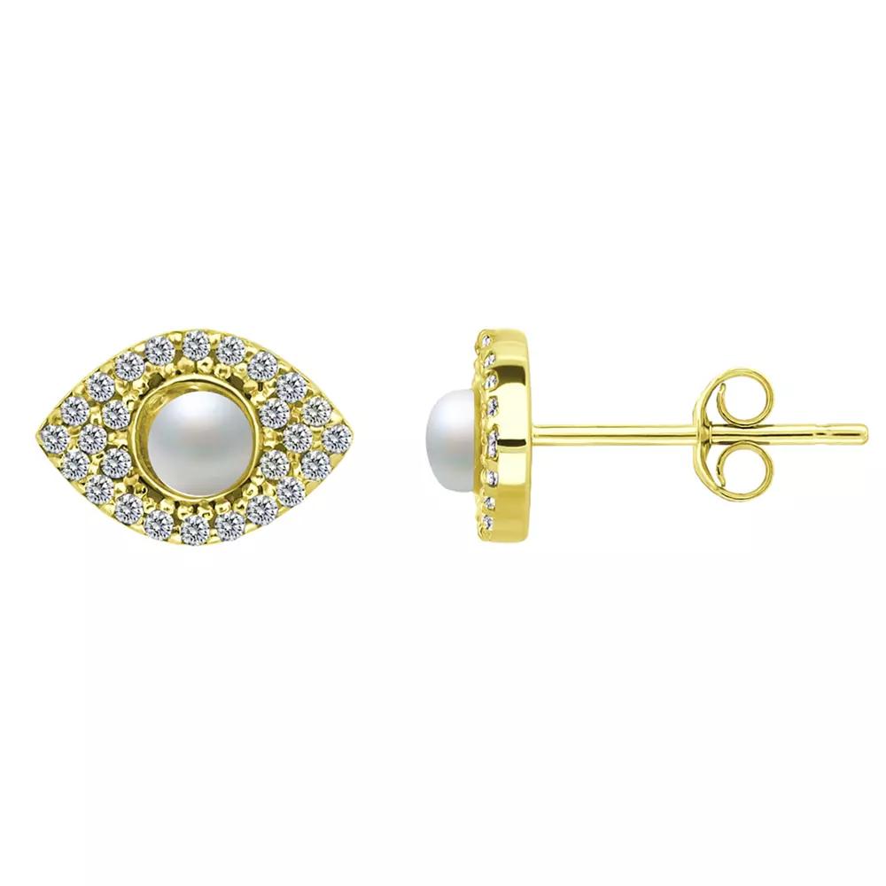 Aleure Precioso Sterling Silver Cubic Zirconia & Freshwater Cultured Pearl Marquise Stud Earrings, Women's, Gold Tone Product Image