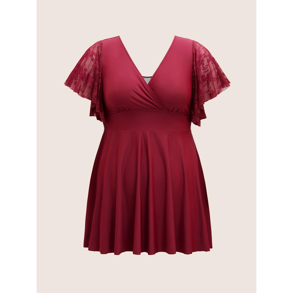 Plus Size Solid Overlap Collar Lace Patchwork Gathered Swim Dress Women's Swimwear Deepred Beach Bodycon Overlap Collar High stretch Curve Swim Dresses BloomChic 12/L Product Image