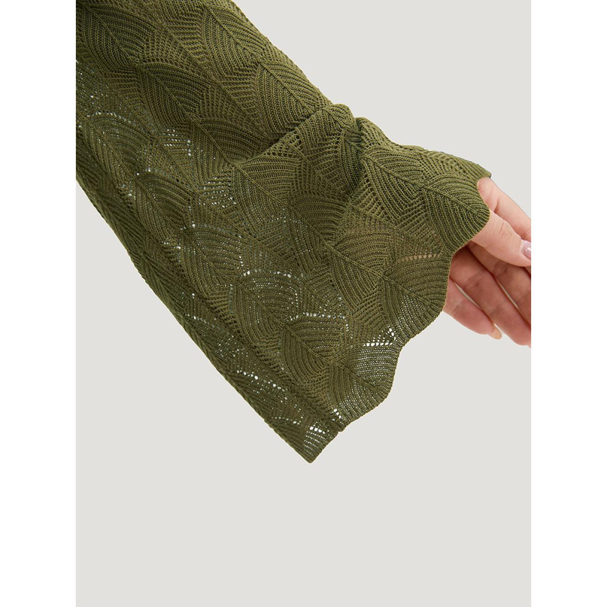 Plus Size Solid Ties Bell Sleeve Scalloped Trim Breathable Pullover Moss Women Casual Loose Long Sleeve V-neck Dailywear Pullovers BloomChic 28/5X Product Image