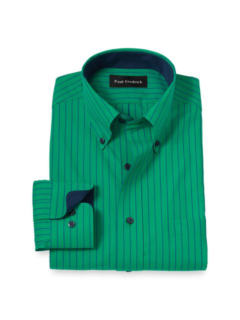 Non-Iron Cotton Stripe Dress Shirt With Contrast Trim - Green Product Image