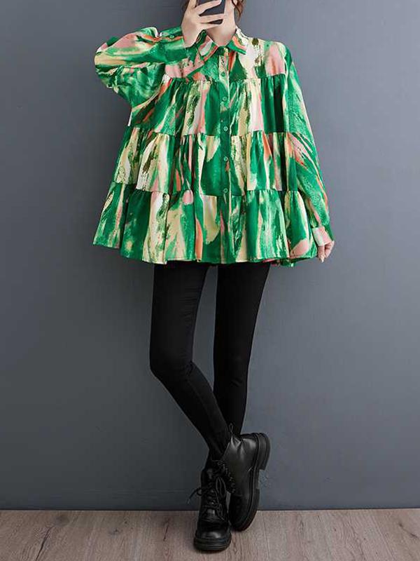 Long Sleeves Loose Pleated Printed Split-Joint Lapel Blouses Product Image