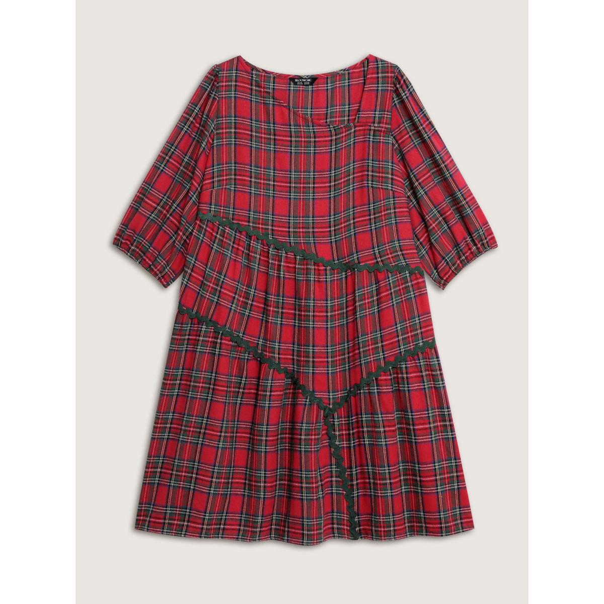 Plus Size Festive Plaid Wavy Trim Midi Dress Brightred Women Leisure Non Extra Long Sleeve Curvy BloomChic 26/4X Product Image