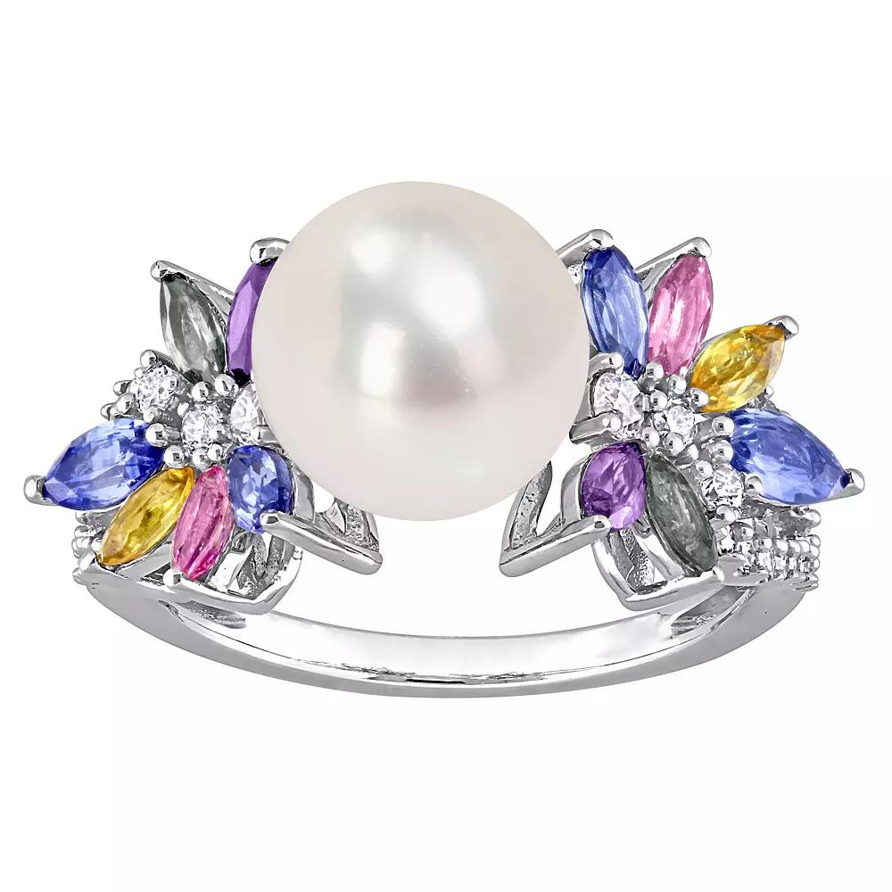 Stella Grace 14k White Gold Freshwater Cultured Pearl, Multicolor Sapphire & 1/8 Carat T.W. Diamond Flower Ring, Womens Product Image