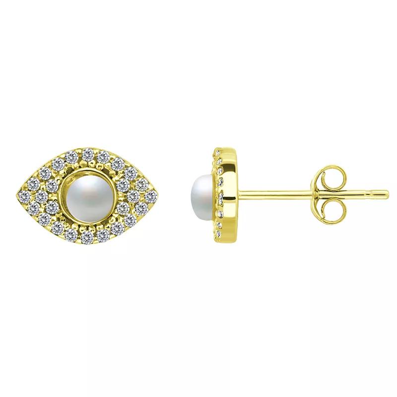 Aleure Precioso Sterling Silver Cubic Zirconia & Freshwater Cultured Pearl Marquise Stud Earrings, Women's, Gold Tone Product Image