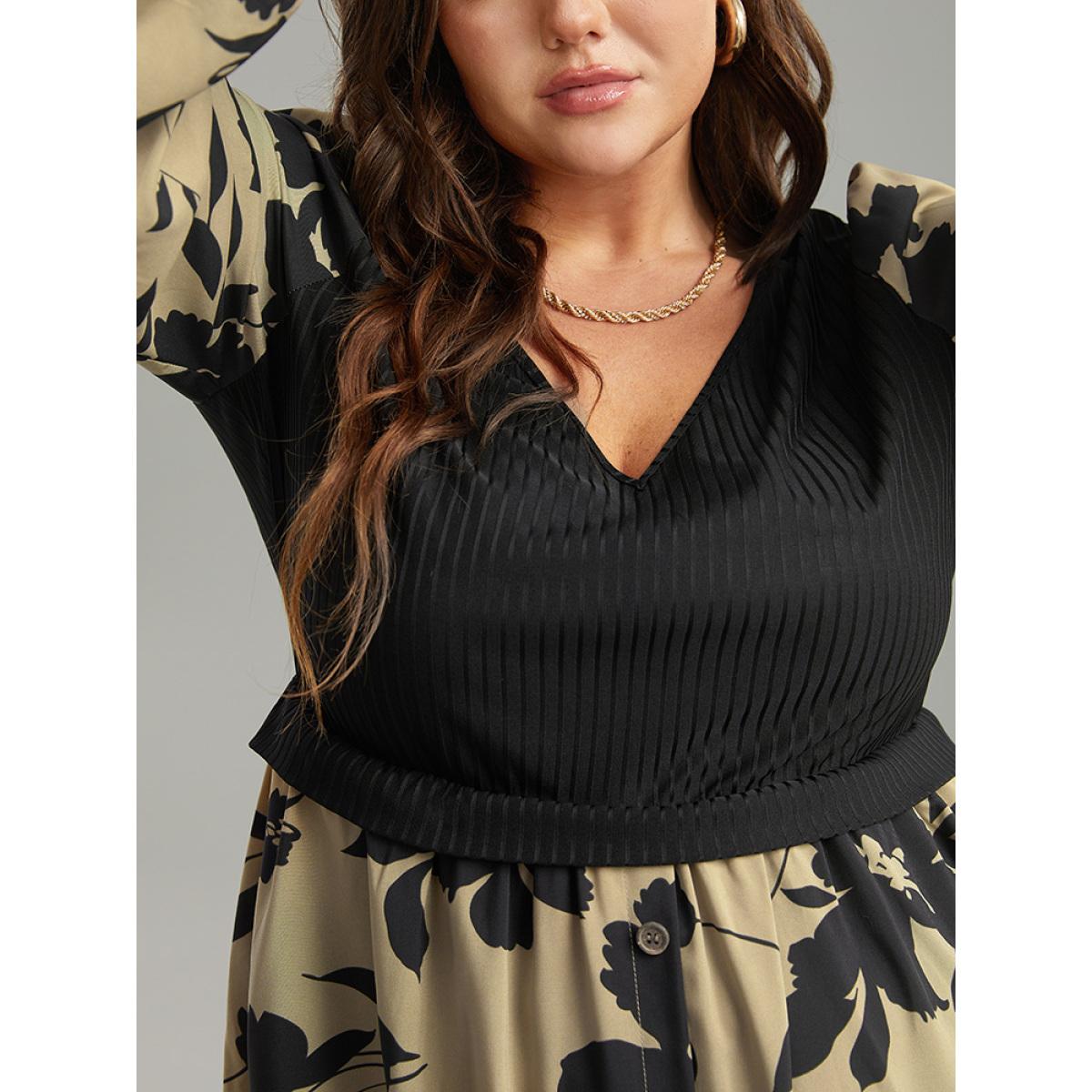 Plus Size Silhouette Floral Print Rib Knit Patchwork Dress LightBrown Women Elegant Elastic cuffs V-neck Long Sleeve Curvy Midi Dress BloomChic 18-20/2X Product Image