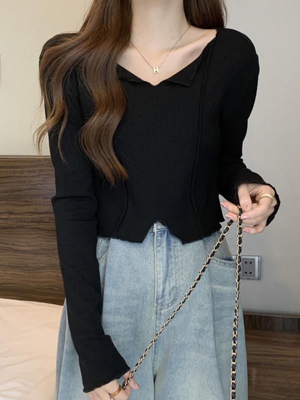 Solid V Neck Slit Hem Long Sleeve Knit Product Image