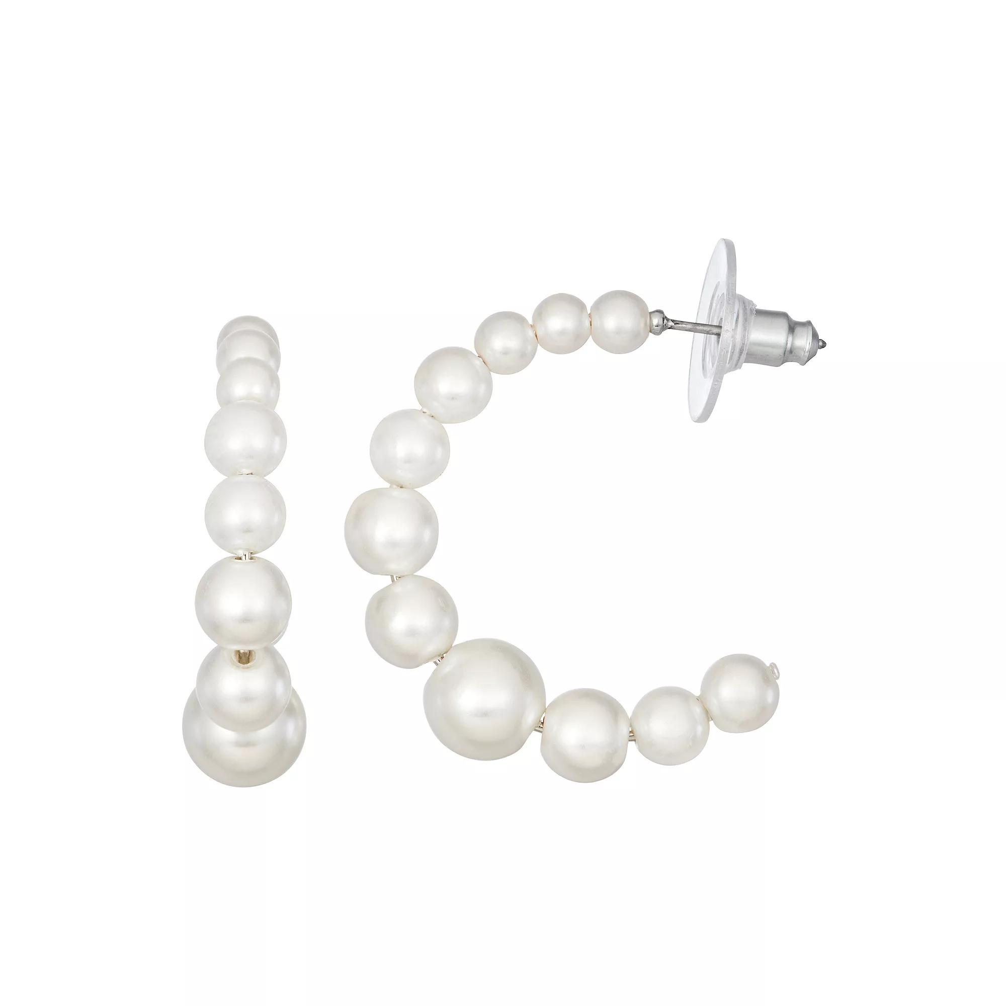 Simply Vera Vera Wang Simulated Pearl Hoop Earrings, Womens, Silver Tone Product Image