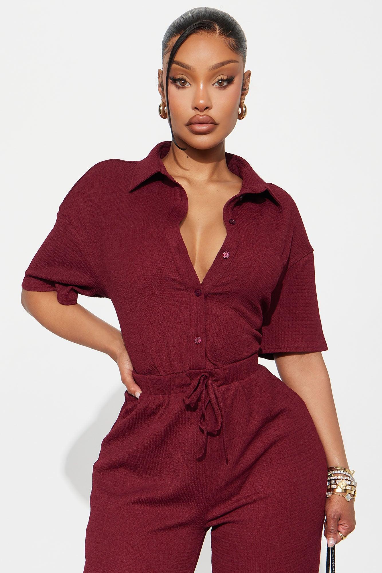Cherry Kisses Textured Jumpsuit - Burgundy Female Product Image