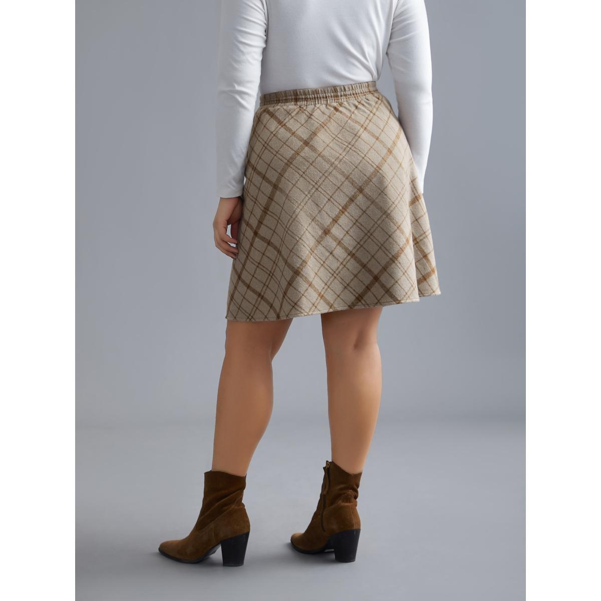 Plus Size Plaid Pattern Elastic Waist A-line Mini Skirt Women Apricot Elegant Low stretch Slanted pocket Everyday Skirts BloomChic 22-24/3X Product Image