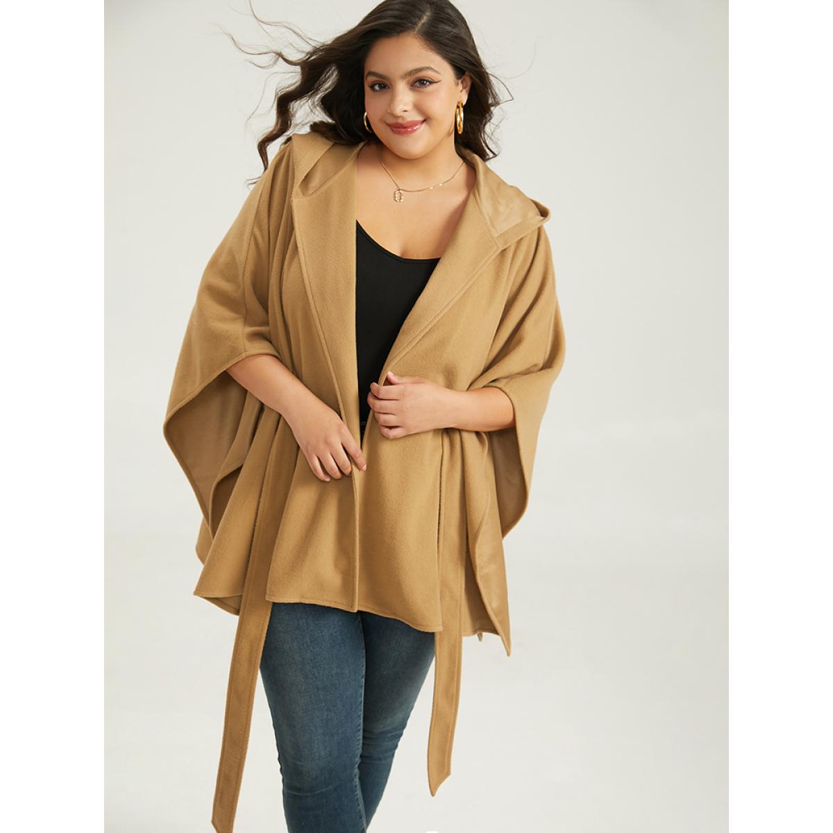 Plus Size Solid Hooded Belted Batwing Sleeve Jacket Women Chocolate Casual Plain Ladies Dailywear Winter Coats BloomChic 22-24/3X Product Image