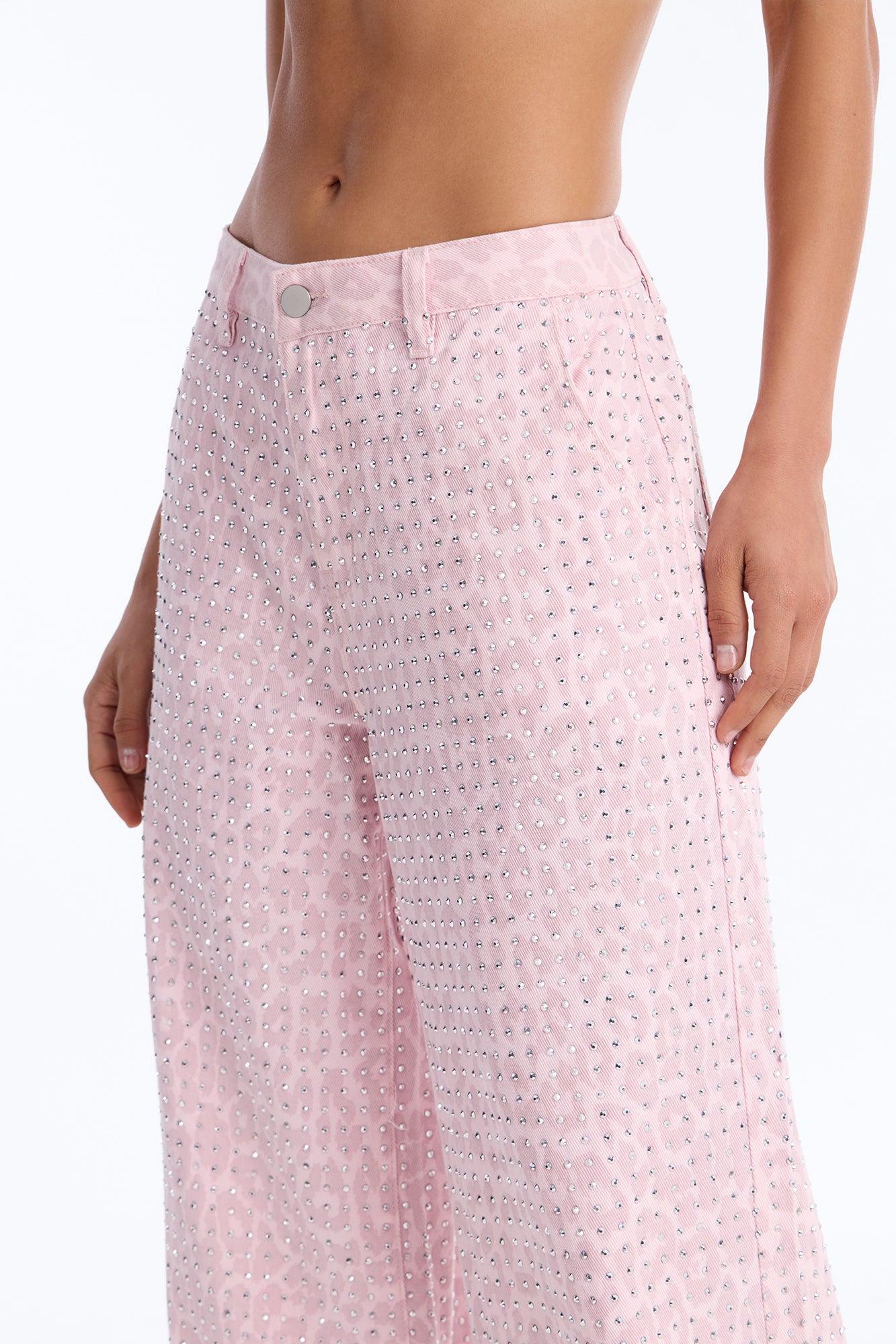 Look Don't Talk Embellished Leopard Jogger Pant - Pink Female Product Image
