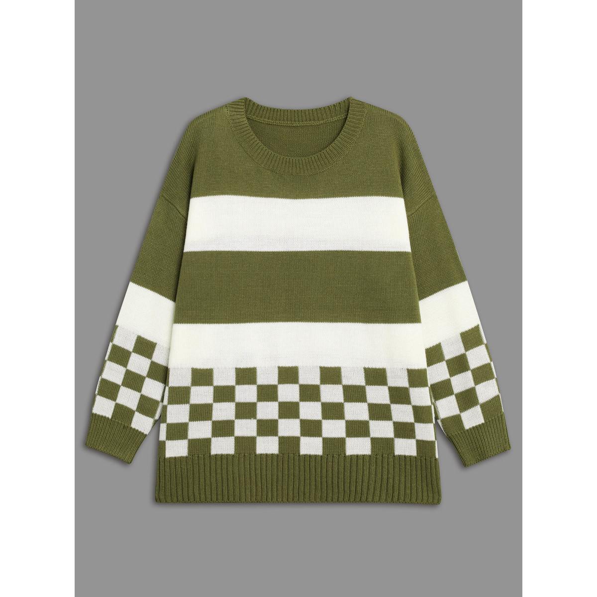 Plus Size Colorblock Contrast Round Neck Split Hem Pullover Moss Women Casual Loose Long Sleeve Round Neck Everyday Pullovers BloomChic 14-16/1X Product Image