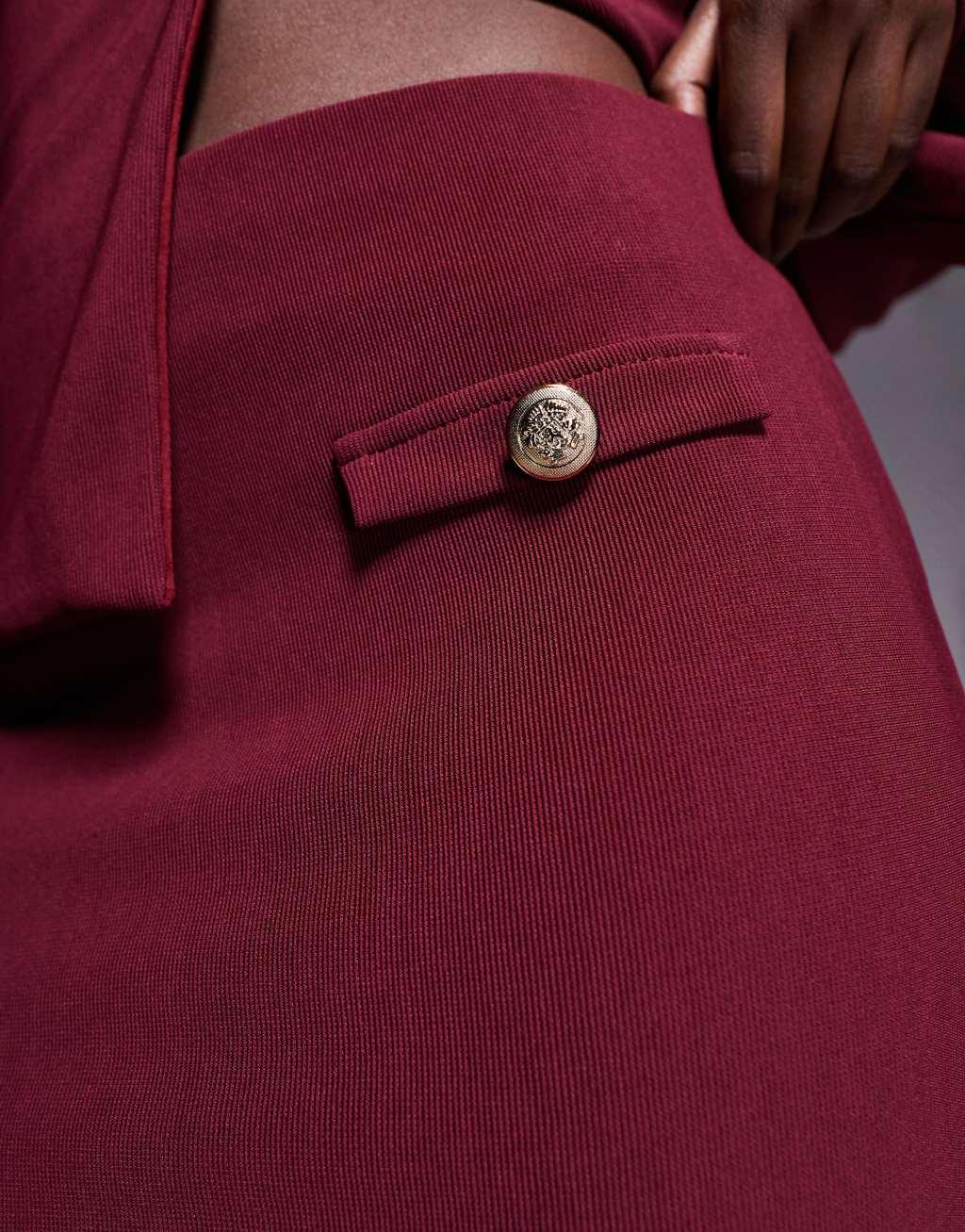 ASOS DESIGN ribbed mini skirt with pocket detail in burgundy - part of a set Product Image