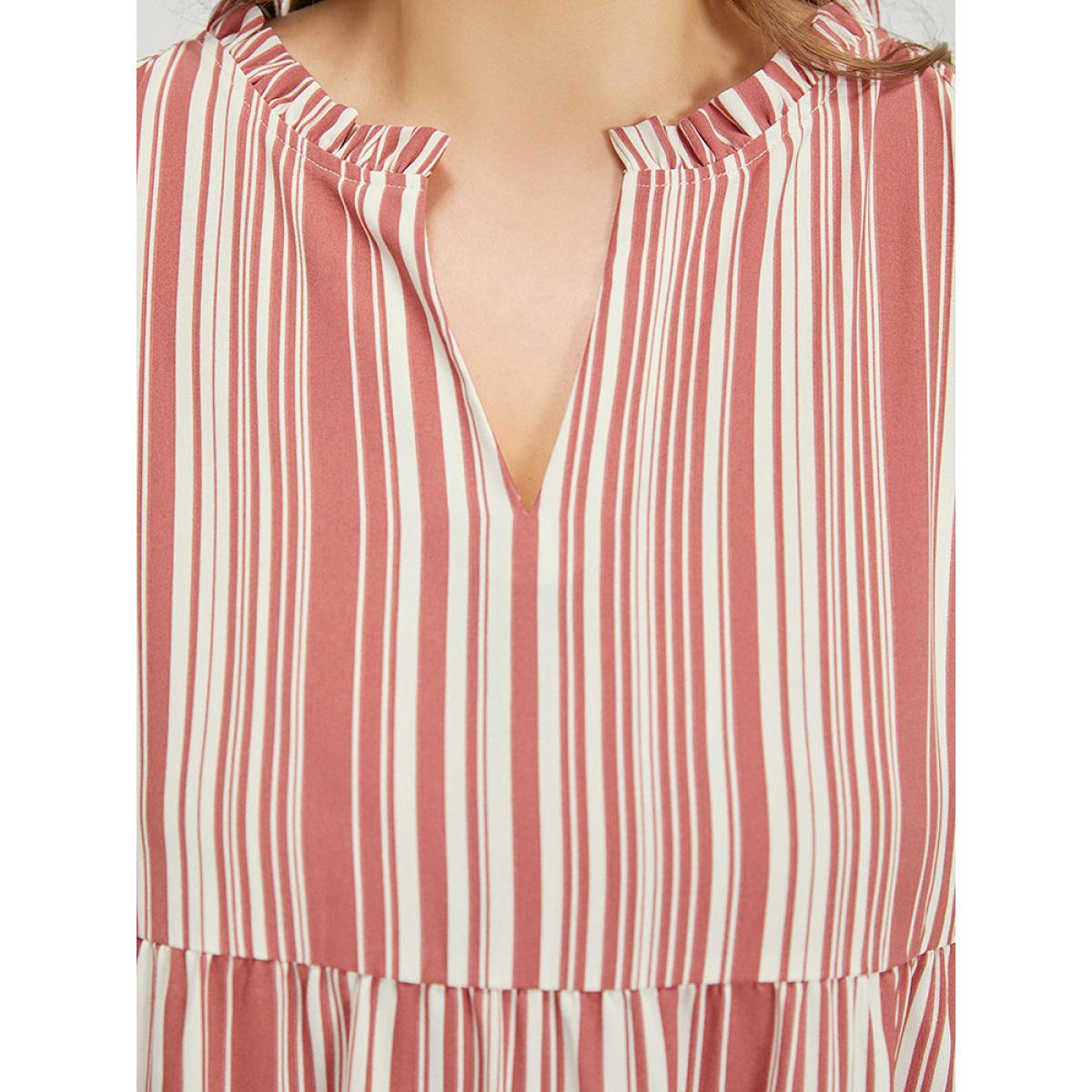 Plus Size Striped Pocket Notched Ruffle Layered Hem Dress Russet Women Vacation V-neck Sleeveless Curvy Knee Dress BloomChic 10/M Product Image