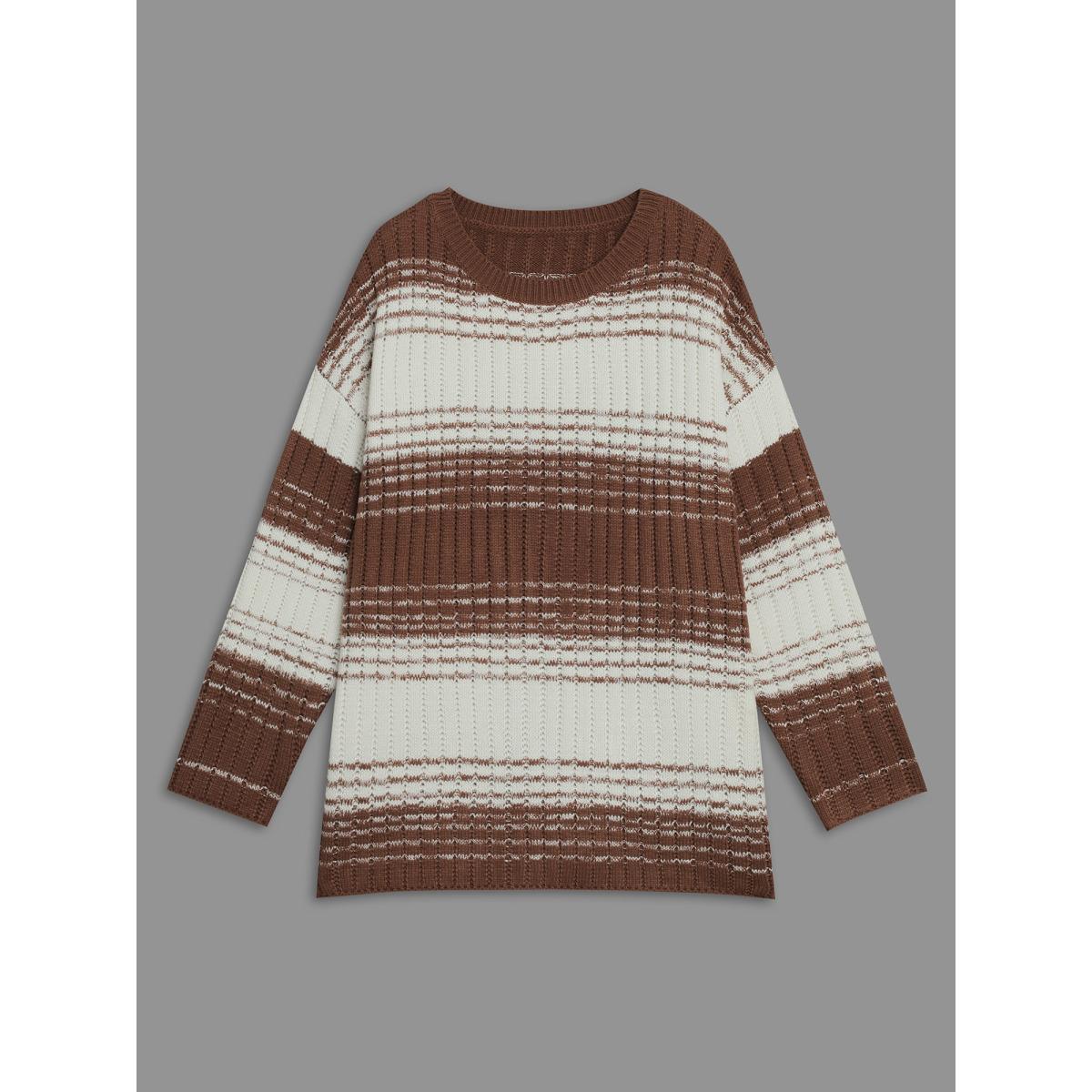 Plus Size Contrast Textured Crew Neck Pullover Browncoffeecolor Women Casual Loose Long Sleeve Round Neck Everyday Pullovers BloomChic 22-24/3X Product Image