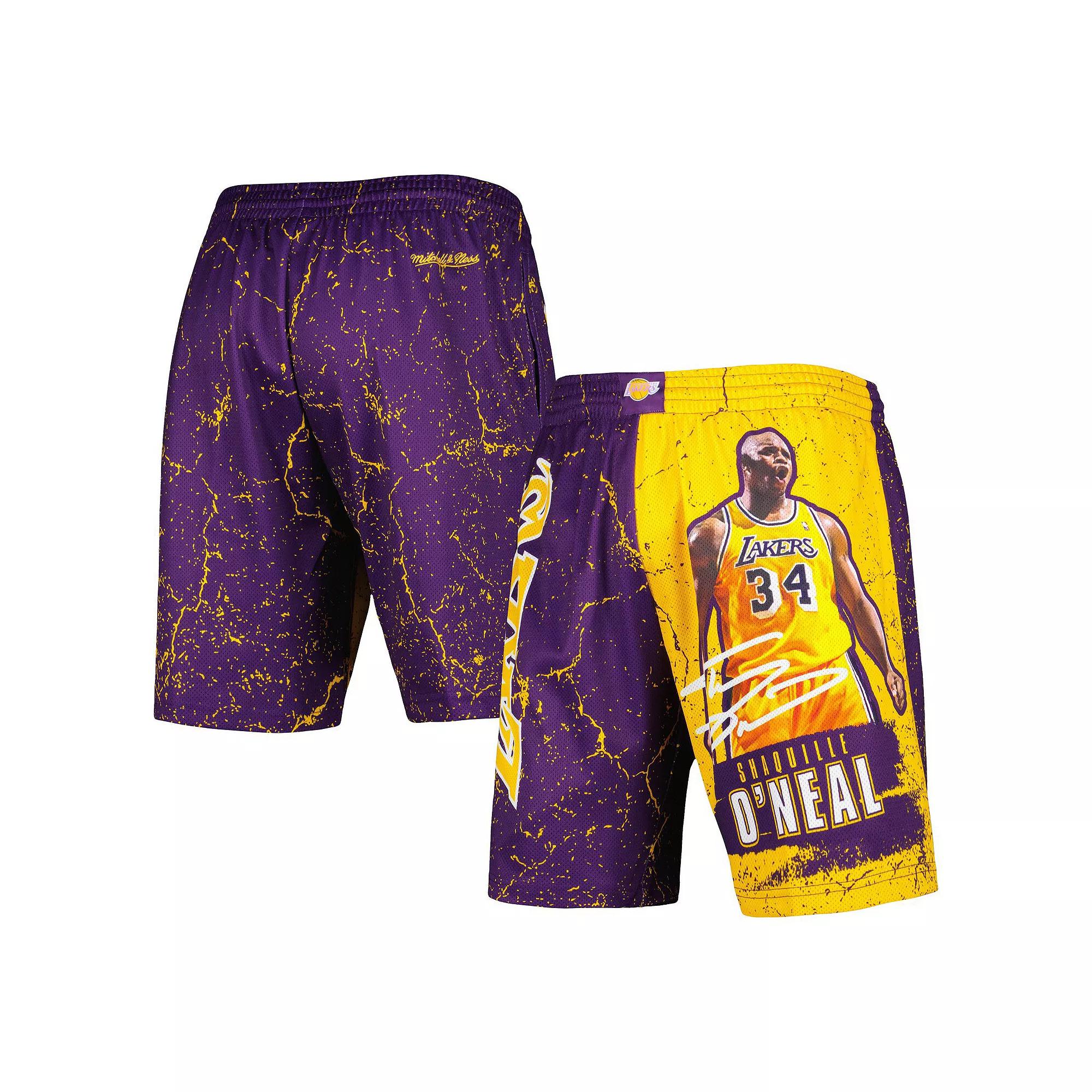 Men's Mitchell & Ness Shaquille O'Neal Purple Los Angeles Lakers Hardwood Classics Player Burst Shorts, Size: XL Product Image