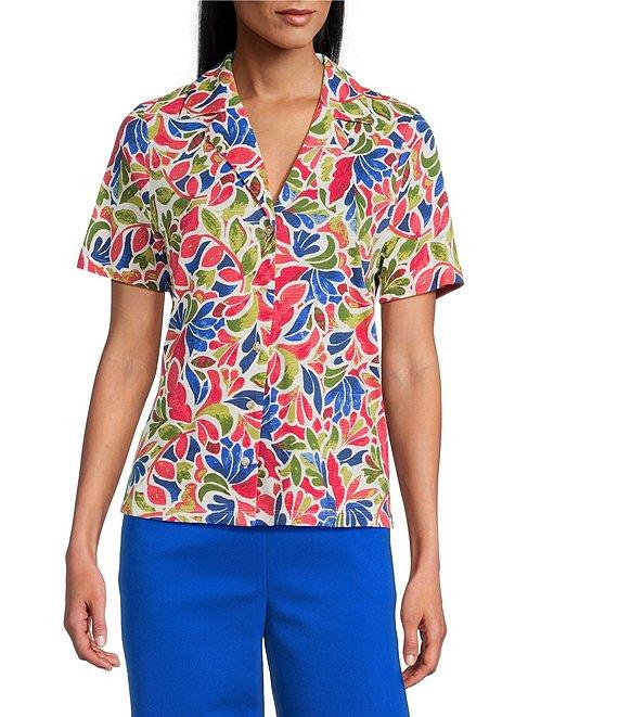 Investments Petite Size Knit Folk Art Floral Short Sleeve Button Front Notch Collar Camp Top Product Image
