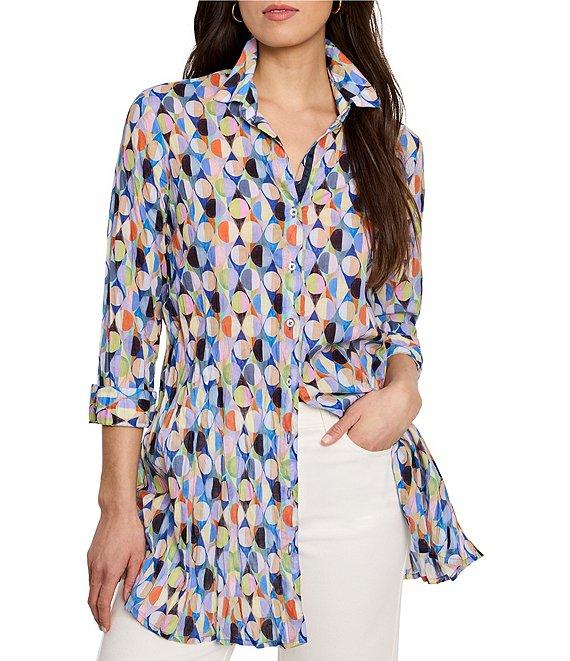 NIC + ZOE Woven Social Circles Print Crinkle Point Collar Long Sleeve Shirt Product Image