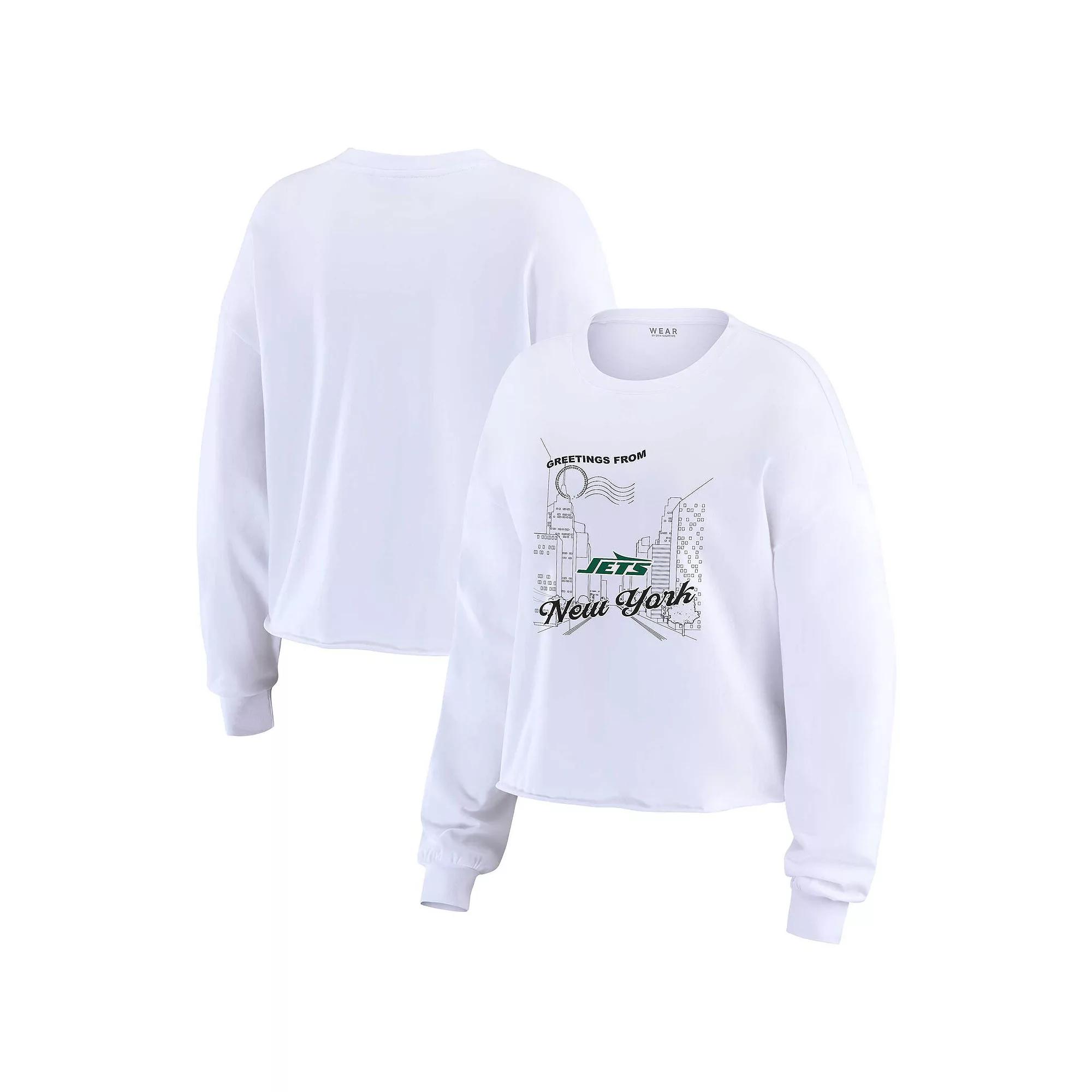 Women's WEAR by Erin Andrews White New York Jets Postcard Cropped Long Sleeve Top,  Product Image